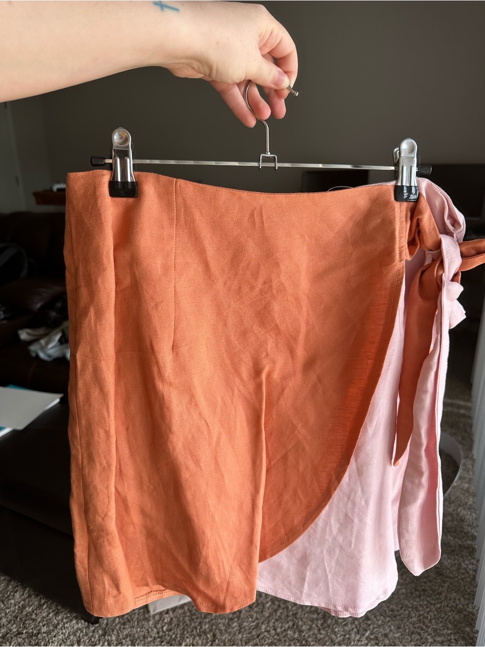 Two-Tone Wrap Mini Skirt in Burnt Orange & Blush Pink